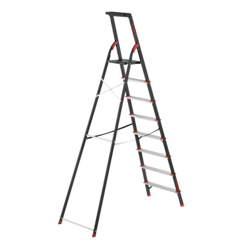 Стремянка 8 ступеней, лоток для инвентаря, стальной профиль, высота верхней ступени 1720 мм, 527х1437х2221мм, 150кг INTERTOOL LT-0058