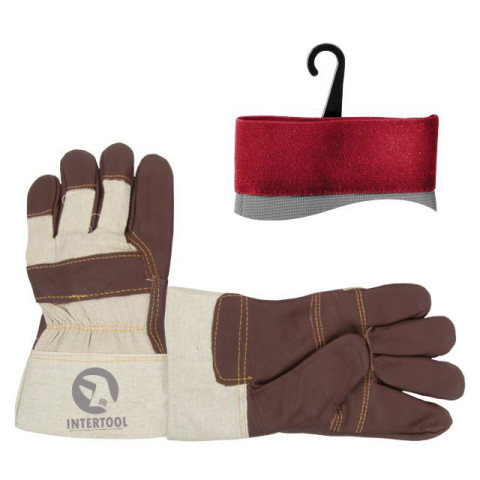 Перчатка кожаная комбинированная из высококачественной кожи и ткани с подкладкой 10" эластичный манжет на липучке INTERTOOL SP-0013