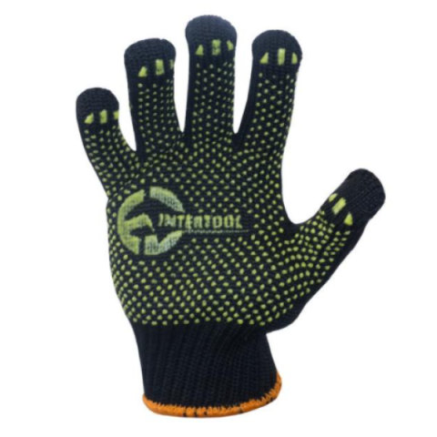 Перчатка трикотажная 60% хлопок / 40% полиэстер, 6 нитей, с ПВХ точкой, класс вязки 7, цвет черный с плакировкой INTERTOOL SP-0125