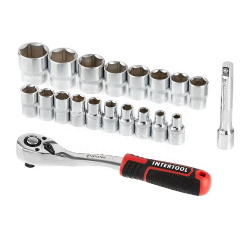 Набор головок 1/2" 8-32 мм., удлинитель, рукоятка с храповым механизмом 72 зуба, 20ед., Cr-V STORM INTERTOOL ET-8016