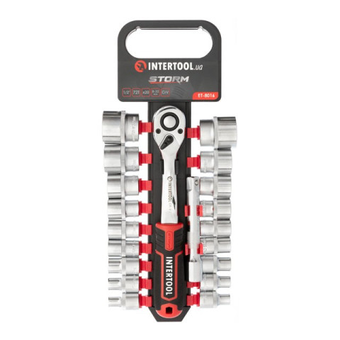 Набор головок 1/2" 8-32 мм., удлинитель, рукоятка с храповым механизмом 72 зуба, 20ед., Cr-V STORM INTERTOOL ET-8016
