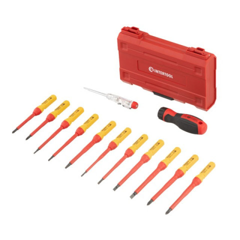 Набор изолированных отверток с отверткой индикатором 14 ед VDE (SL0.5*3.0*100мм, SL0.8*4.0*100мм, SL1.0*5.5*100мм, SL1.2*6.5*100мм, PH1*80мм, PH2*100 INTERTOOL VT-3614
