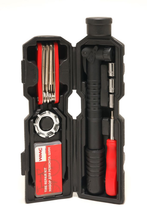 Набор инструментов для обслуживания велосипеда 27пр.+держатель фляги,в тубе(черный)