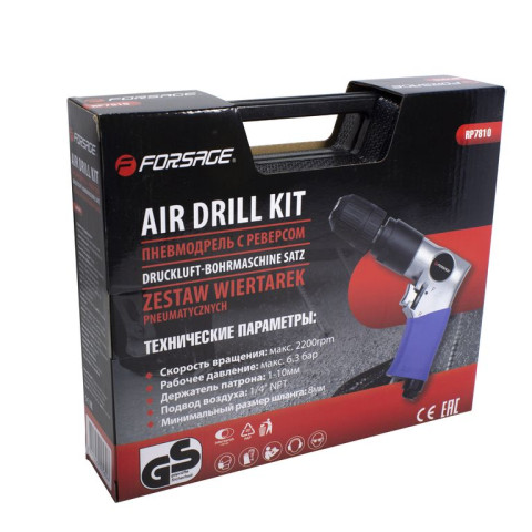 Пневмодрель с реверсом, набором бит и сверел 20пр(патрон:1-10мм,2200об/мин,6.3Bar,штуцер 1/4'') F-RP7810