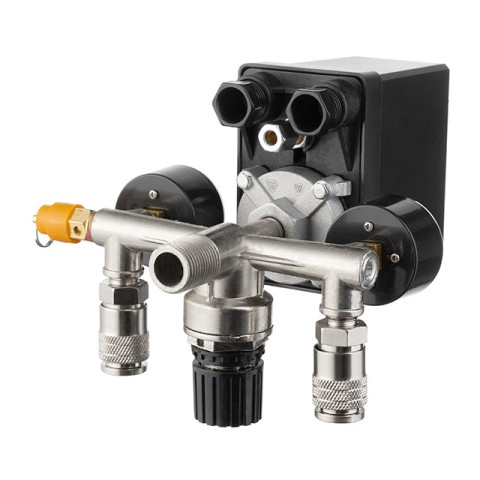 Прессостат 380В(блок автоматики компрессора) 10 bar в сборе, (прессостат, редуктор, 2 манометра, предохранительный клапан, два выхода) INTERTOOL PT-9097