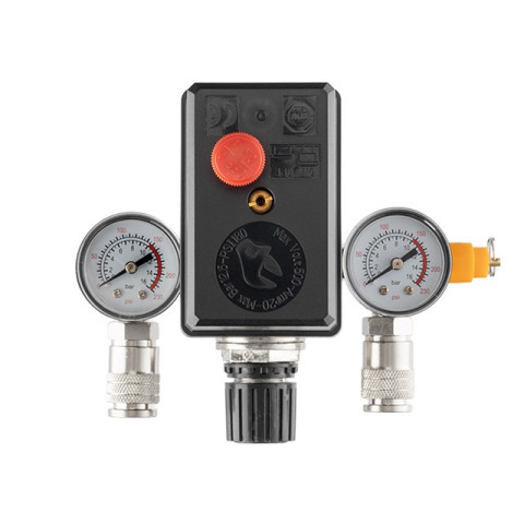 Прессостат 380В(блок автоматики компрессора) 10 bar в сборе, (прессостат, редуктор, 2 манометра, предохранительный клапан, два выхода) INTERTOOL PT-9097