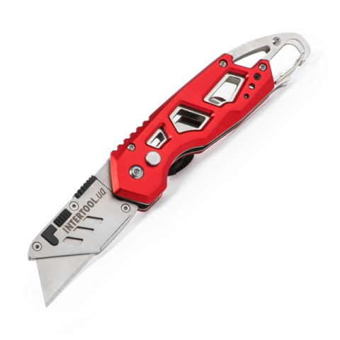 Нож строительный складной с трапециевидным лезвием, SK5, алюминиевая рукоятка, карабин INTERTOOL HT-0531