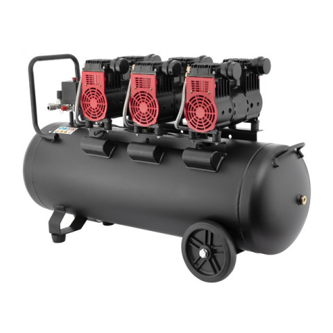 Компрессор 100 л, 3x1.1кВт, 220В, 8атм, 480 л/мин, 1400 об/мин, малошумный, безмасляный, 6 цилиндров INTERTOOL PT-0028