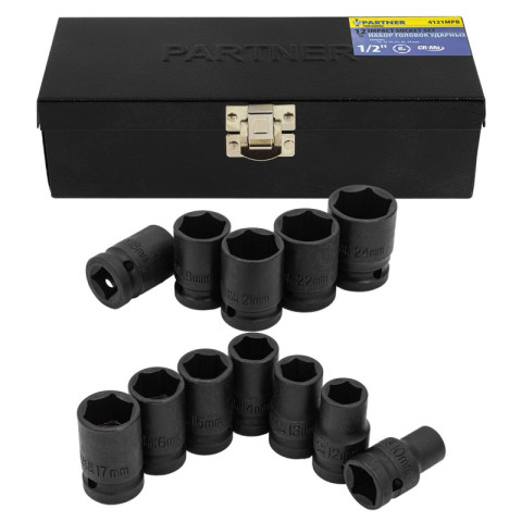 Набор головок ударных 12 предметов,1/2" (10, 12-19, 21, 22, 24мм), в кейсе Partner PA-4121MPB