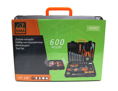 Набор инструментов 600 пр.1/4'' 3/8''(5-19мм, ключи:10-17мм,шарнирно-губцевый инстр.,отвертки,биты,молоток, ключи 6-е Г-обр.-е,расходник) ISMA 56003