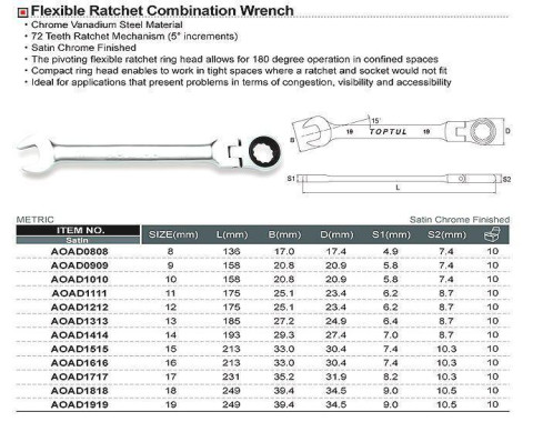 Ключ рожково-накидной трещоточный с шарниром 14мм TOPTUL AOAH1414