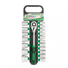 Набор головок 19 ед. 1/2" 8-32 мм с рукояткой с храповым механизмом 72 зуба, Хром-Ванадиум INTERTOOL ET-6019