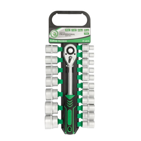 Набор головок 19 ед. 1/2" 8-32 мм с рукояткой с храповым механизмом 72 зуба, Хром-Ванадиум INTERTOOL ET-6019