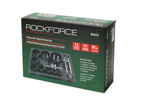 Набор пил кольцевых биметаллических HSS, 13 предметов(29, 35, 38, 44, 51, 57, 64мм), в пластиковом кейсе ROCKFORCE RF-BHS13