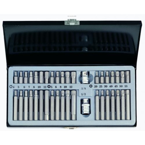3/8" и 1/2" Набор бит 6-гр., Torx, Spline 40 пр. с отверстием (металлический кейс)