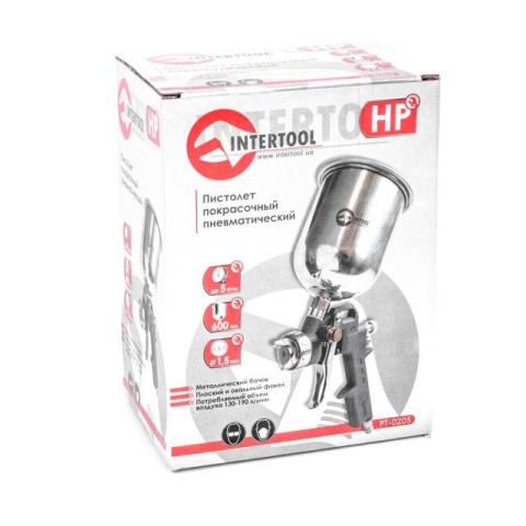 Краскопульт пневматический HP, форсунка 1.5мм, верхний металлический бачок 600мл, 5bar INTERTOOL PT-0205