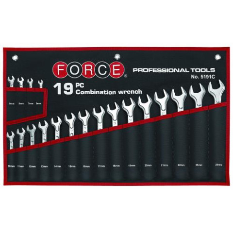 Набор ключей рожково-накидных на полотне 19 пр. (6-24 мм) (FORCE 5191C)