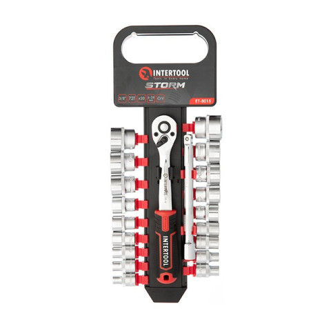 Набор головок 3/8" 6-24 мм., удлинитель, рукоятка с храповым механизмом 72 зуба, 20ед., Cr-V STORM INTERTOOL ET-8015