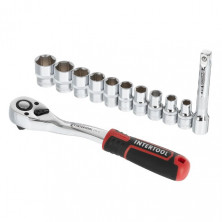 Набор головок 1/2" 10-24 мм., удлинитель, рукоятка с храповым механизмом 72 зуба, 12ед., Cr-V STORM INTERTOOL ET-8014
