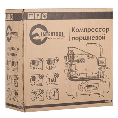 Компрессор 9 л, 0.75 кВт, 220 В, 8 атм, 160 л/мин INTERTOOL PT-0002