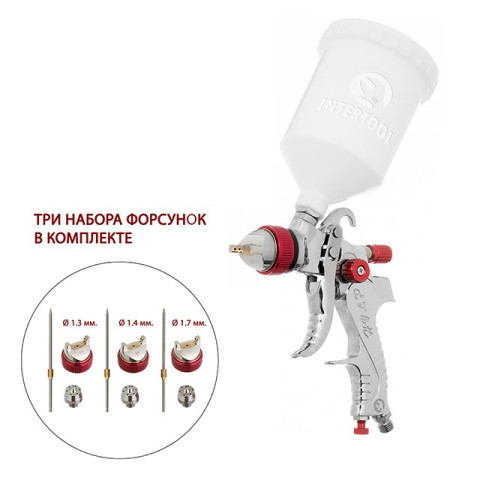 Краскопульт пневматичний HVLP з трьома наборами форсунок - 1,3мм, 1,4мм, 1,7мм, пластиковий бачок, 3бар INTERTOOL PT-0153