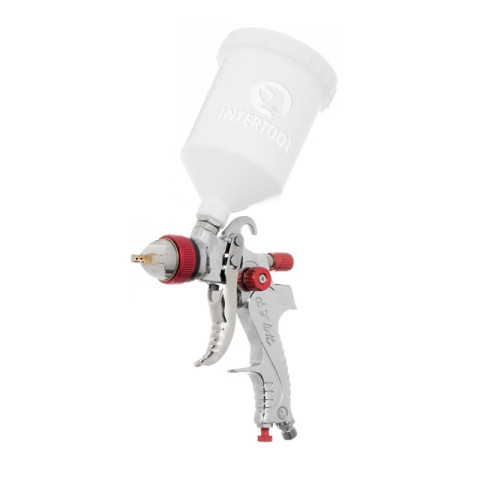 Краскопульт пневматичний HVLP з трьома наборами форсунок - 1,3мм, 1,4мм, 1,7мм, пластиковий бачок, 3бар INTERTOOL PT-0153