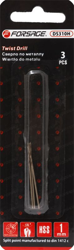 Сверло по металлу 1мм HSS+Co (3шт), в блистере Forsage F-DS310H