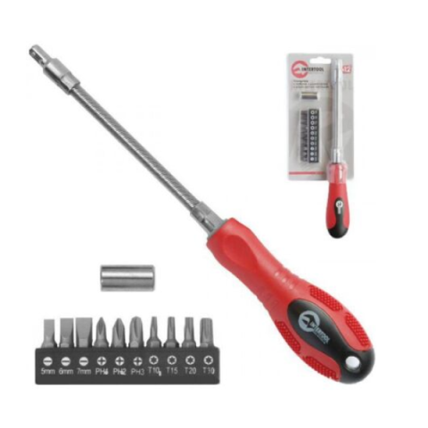 Отвертка реверсионная с регулируемой рукояткой и комплектом насадок 13 ед. INTERTOOL VT-1013