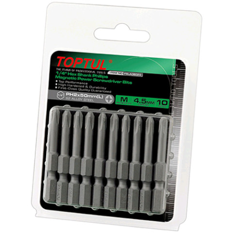 Набор бит для шуруповертов магнитных 10шт TOPTUL 1/4" 50мм PH2 FSLA0802G
