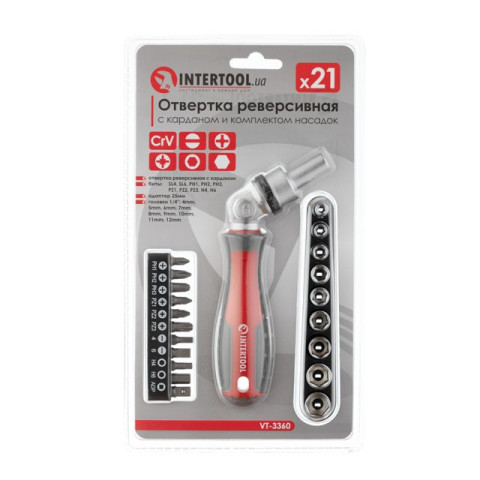 Отвертка реверсивная с карданом и комплектом насадок 21 ед INTERTOOL VT-3360