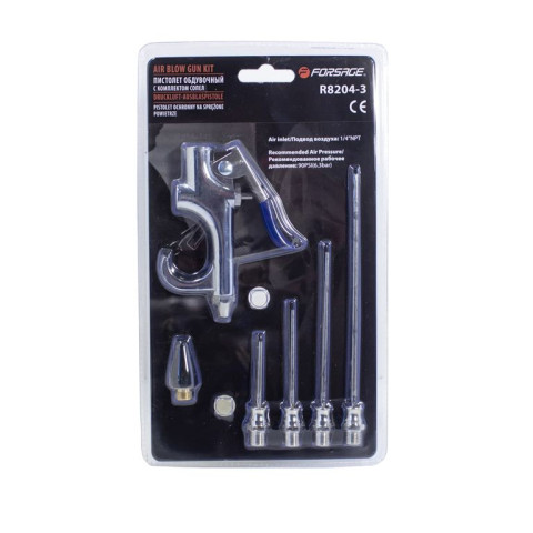 Пистолет обдувочный с комплектом сопел 6пр.(50,70,100,145мм+форсунка 28мм,6.3Bar), в блистере Forsage F-R8204-3