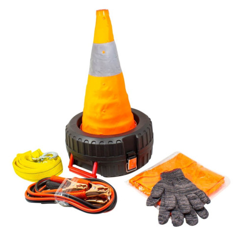 Набор инструментов ''в дорогу''14пр.(трос,стартовые провода,перчатки,жилет,нож,отвертка,изолента,утконосы,молоток,сигнальный фонарь), кейс ''колесо'' Forcekraft FK-1014