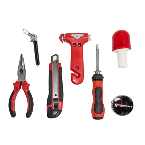 Набор инструментов ''в дорогу''14пр.(трос,стартовые провода,перчатки,жилет,нож,отвертка,изолента,утконосы,молоток,сигнальный фонарь), кейс ''колесо'' Forcekraft FK-1014