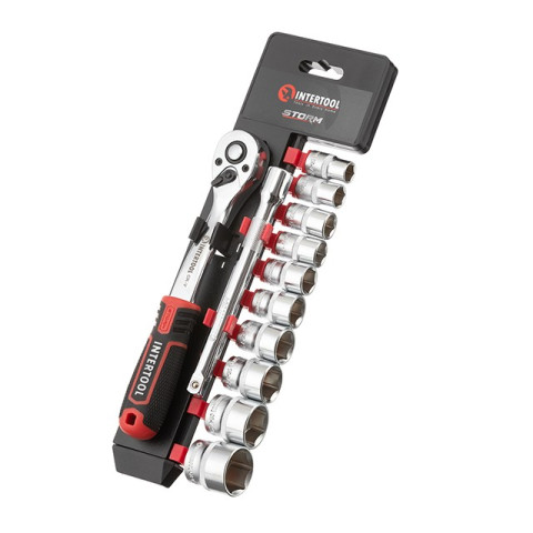 Набор головок 3/8" 10-24 мм., удлинитель, рукоятка с храповым механизмом 72 зуба, 12ед., Cr-V STORM INTERTOOL ET-8013