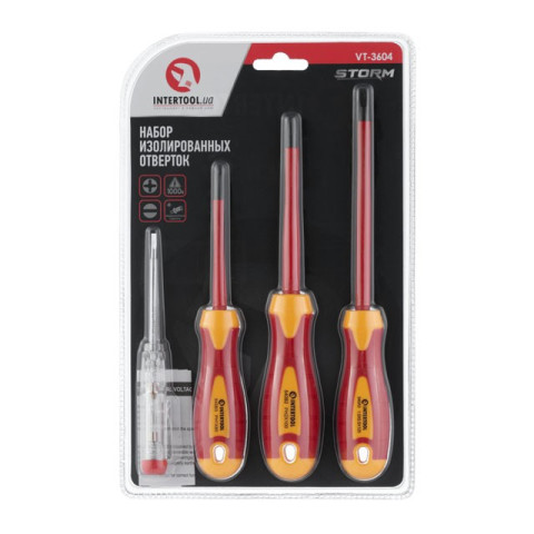 Набор изолированных отверток с отверткой индикатором 4 ед VDE ( SL1.0*5.5*125мм, PH1*80мм, PH2*100мм, отвертка индикатор.), STORM INTERTOOL VT-3604