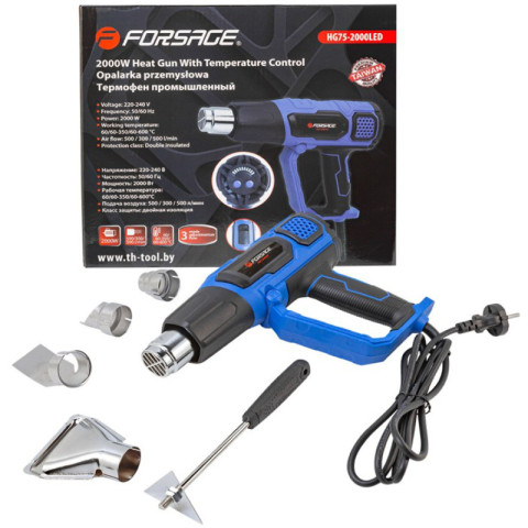 Фен промышленный электрический с индикатором температуры и насадками(220В,50/60Гц,2000Вт, 60/350/600С°,50/300/500л/мин,класс защиты-двойная изоляция) Forsage F-HG75-2000LED