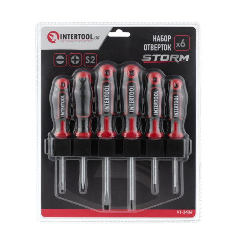 Набор отверток 6 ед ( SL3.0*75мм, SL5.0*75мм, SL6.0*100мм, PH0*75мм, PH1*75мм, PH2*100мм), STORM INTERTOOL VT-3436