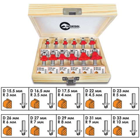 Набор фрез калевочных в деревянном кейсе INTERTOOL HT-0077
