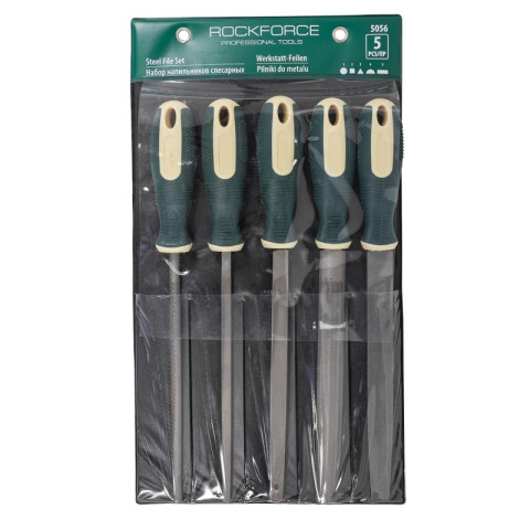 Набор напильников разнопрофильных 5 предметов(плоский, треугольный, круглый, полукруглый, квадратный L-200мм), на полотне ROCKFORCE RF-5056