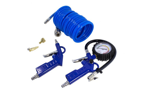 Пистолет для подкачки шин с манометром в комплекте с пистолетом обдувочным и шлангом(0-8.5 Bar,шланг 5м),в блистере FK-STG-26K6