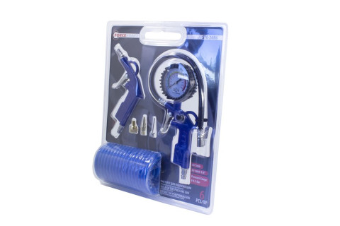 Пистолет для подкачки шин с манометром в комплекте с пистолетом обдувочным и шлангом(0-8.5 Bar,шланг 5м),в блистере FK-STG-26K6
