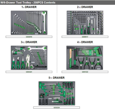 Тележка с инструментом передвижная TOPTUL 6 секций 208 ед. GE-20820