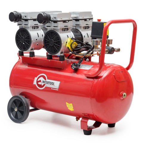 Компрессор 50л, 2х0.75 кВт, 220В, 8атм, 270л/мин, малошумный, безмасляный, 4 цилиндра INTERTOOL PT-0023