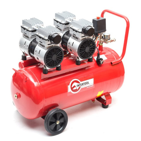 Компрессор 50л, 2х0.75 кВт, 220В, 8атм, 270л/мин, малошумный, безмасляный, 4 цилиндра INTERTOOL PT-0023