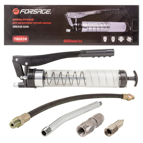 Шприц для нагнетания густой смазки ручной 600мл в комплекте с жестким(L-170мм) и гибким(L-330мм) наконечником (прозрачная колба, 2 штока,''под тубу'') Forsage F-78043B
