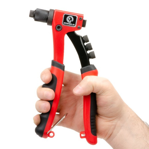 Пистолет заклепочный ручной 215мм, диаметр применяемой заклепки 2.4; 3.2; 4; 4.8мм INTERTOOL RT-0014