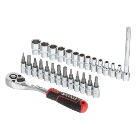 Набор головок 1/4" 4-14 мм., TORX, PH, HEX, SL, удлинитель, рукоятка с храповым механизмом 72 зуба, 28ед., Cr-V STORM INTERTOOL ET-8018