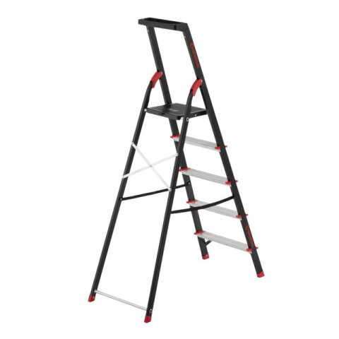 Стремянка 5 ступеней, лоток для инвентаря, стальной профиль, высота верхней ступени 1064мм, 457х893х1568мм, 150кг INTERTOOL LT-0055