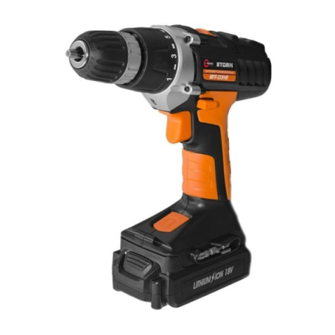 Шуруповерт STORM, 18В, 2 скорости, 0-400/0-1150об/мин, 2 аккумулятора, 1 час. зарядка INTERTOOL WT-0318.00