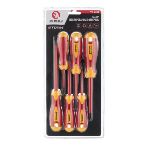 Набор изолированных отверток 6 ед VDE (SL0.4*2.5*75мм, SL0.8*4.0*100мм, SL1*5.5*125мм, PH0*60мм, PH1*80мм, PH2*100мм), STORM INTERTOOL VT-3606